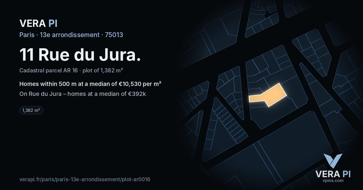 11 Rue du Jura, 13e arrondissement at night – the plot lit, the parcels around coloured by the prices near them