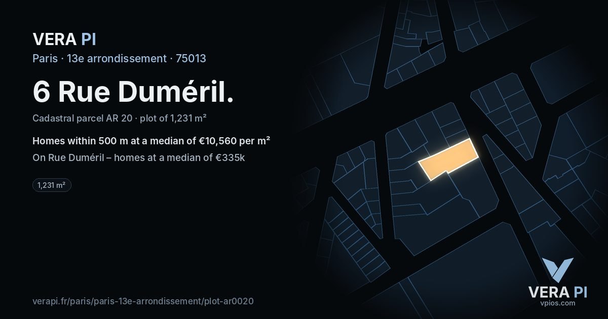6 Rue Duméril, 13e arrondissement at night – the plot lit, the parcels around coloured by the prices near them