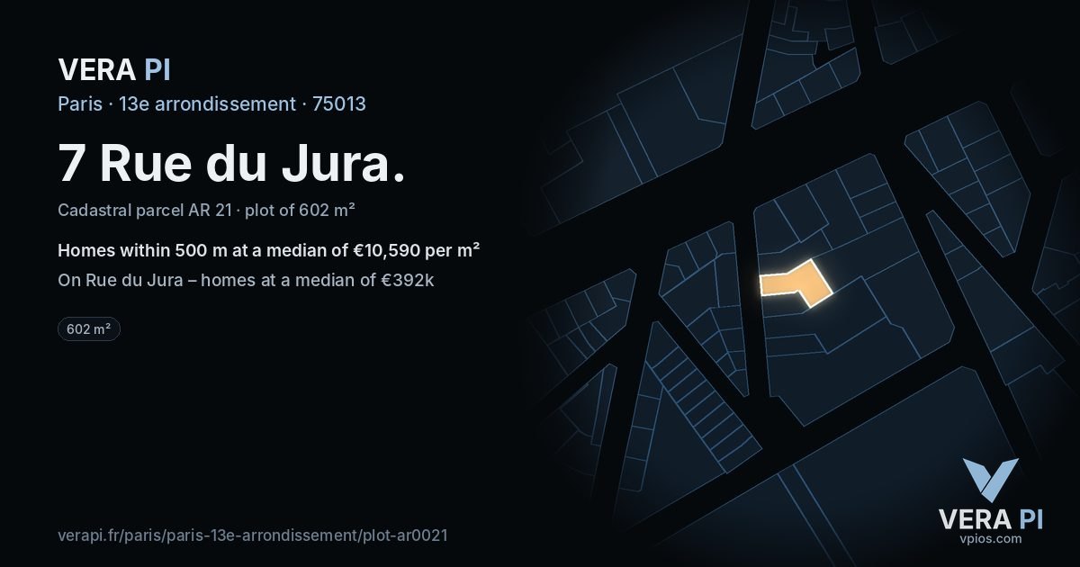 7 Rue du Jura, 13e arrondissement at night – the plot lit, the parcels around coloured by the prices near them