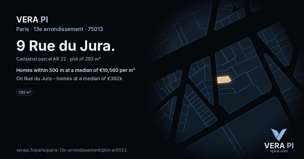 9 Rue du Jura, 13e arrondissement at night – the plot lit, the parcels around coloured by the prices near them