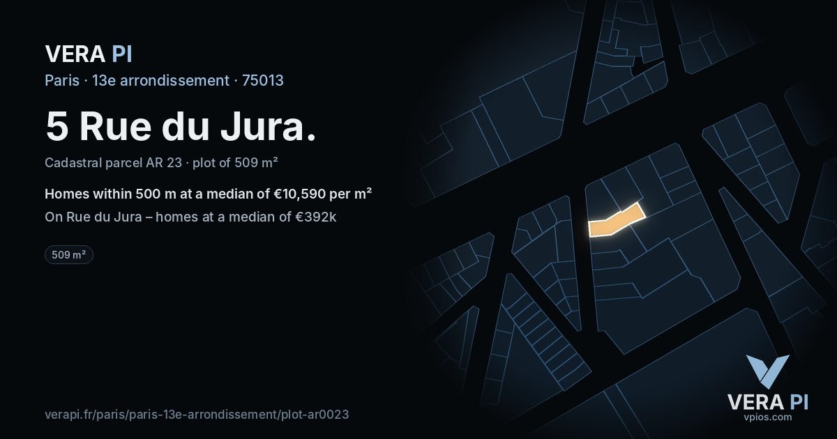 5 Rue du Jura, 13e arrondissement at night – the plot lit, the parcels around coloured by the prices near them