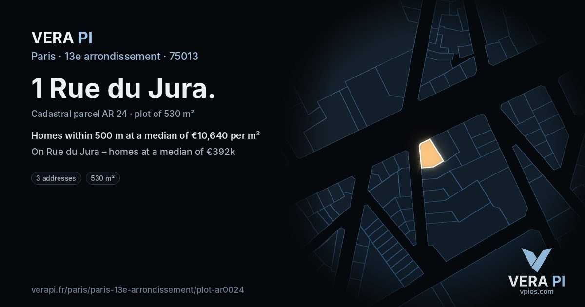 1 Rue du Jura, 13e arrondissement at night – the plot lit, the parcels around coloured by the prices near them
