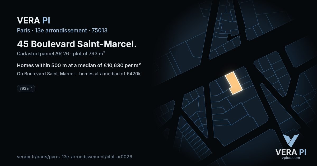 45 Boulevard Saint-Marcel, 13e arrondissement at night – the plot lit, the parcels around coloured by the prices near them