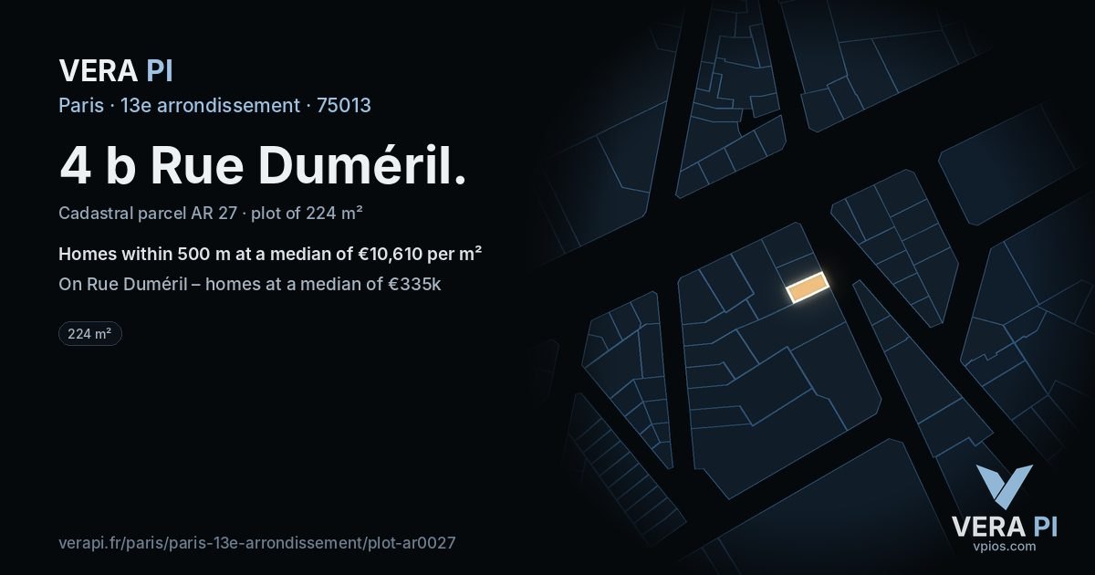 4 b Rue Duméril, 13e arrondissement at night – the plot lit, the parcels around coloured by the prices near them
