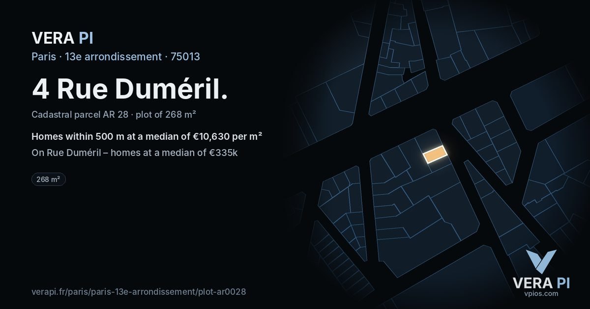 4 Rue Duméril, 13e arrondissement at night – the plot lit, the parcels around coloured by the prices near them