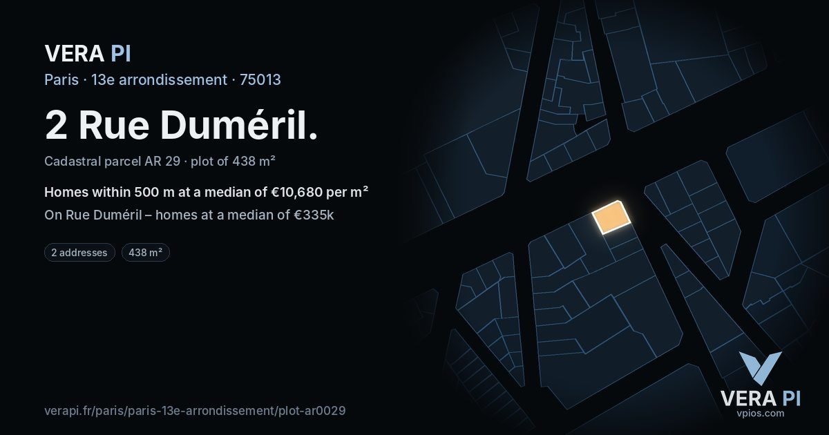 2 Rue Duméril, 13e arrondissement at night – the plot lit, the parcels around coloured by the prices near them