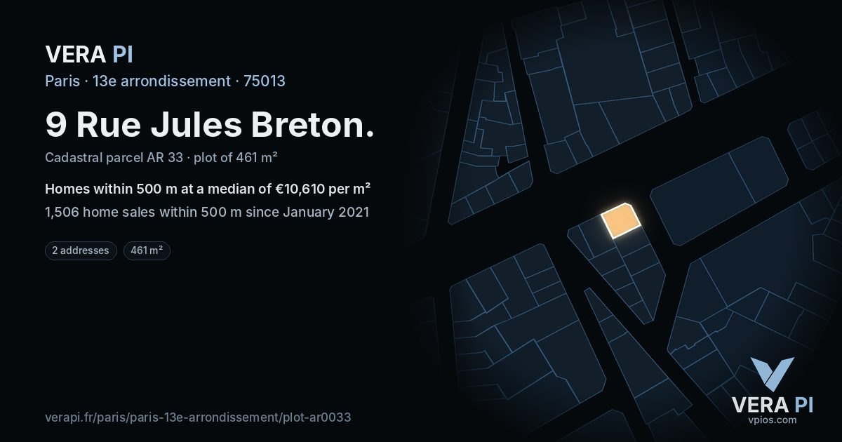 9 Rue Jules Breton, 13e arrondissement at night – the plot lit, the parcels around coloured by the prices near them