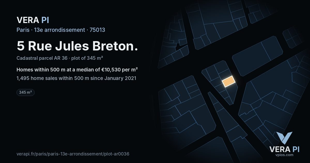 5 Rue Jules Breton, 13e arrondissement at night – the plot lit, the parcels around coloured by the prices near them