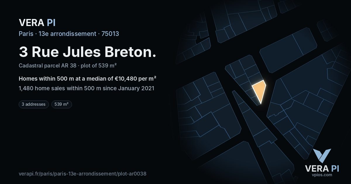 3 Rue Jules Breton, 13e arrondissement at night – the plot lit, the parcels around coloured by the prices near them