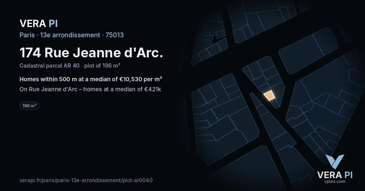 174 Rue Jeanne d'Arc, 13e arrondissement at night – the plot lit, the parcels around coloured by the prices near them