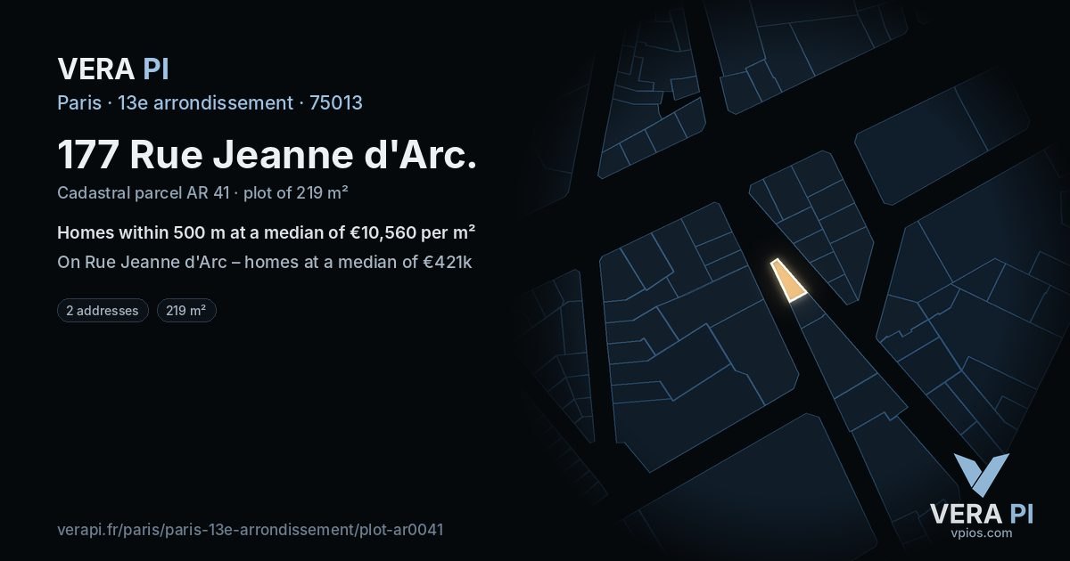 177 Rue Jeanne d'Arc, 13e arrondissement at night – the plot lit, the parcels around coloured by the prices near them