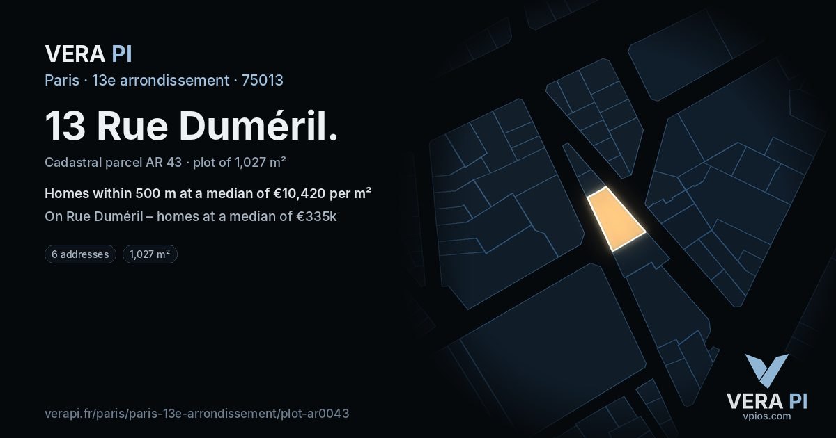 13 Rue Duméril, 13e arrondissement at night – the plot lit, the parcels around coloured by the prices near them