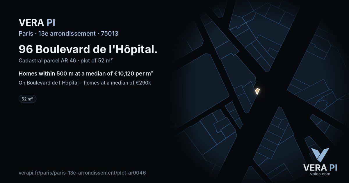 96 Boulevard de l'Hôpital, 13e arrondissement at night – the plot lit, the parcels around coloured by the prices near them