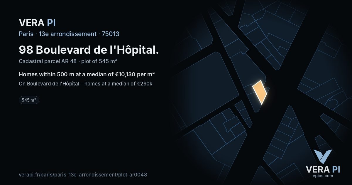 98 Boulevard de l'Hôpital, 13e arrondissement at night – the plot lit, the parcels around coloured by the prices near them