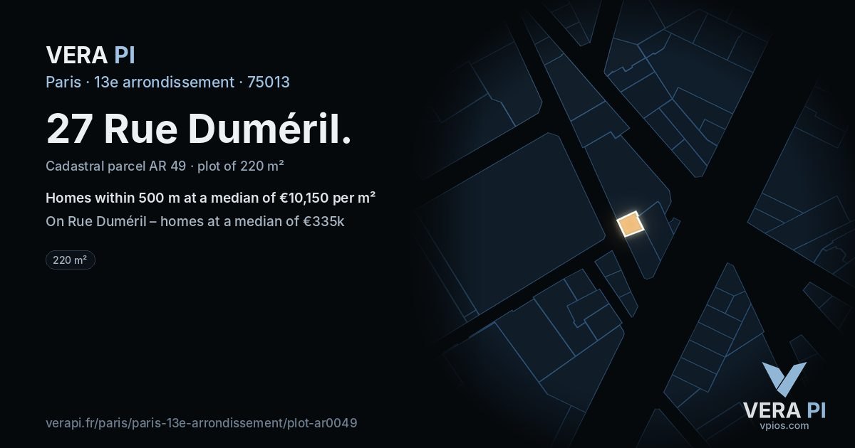 27 Rue Duméril, 13e arrondissement at night – the plot lit, the parcels around coloured by the prices near them