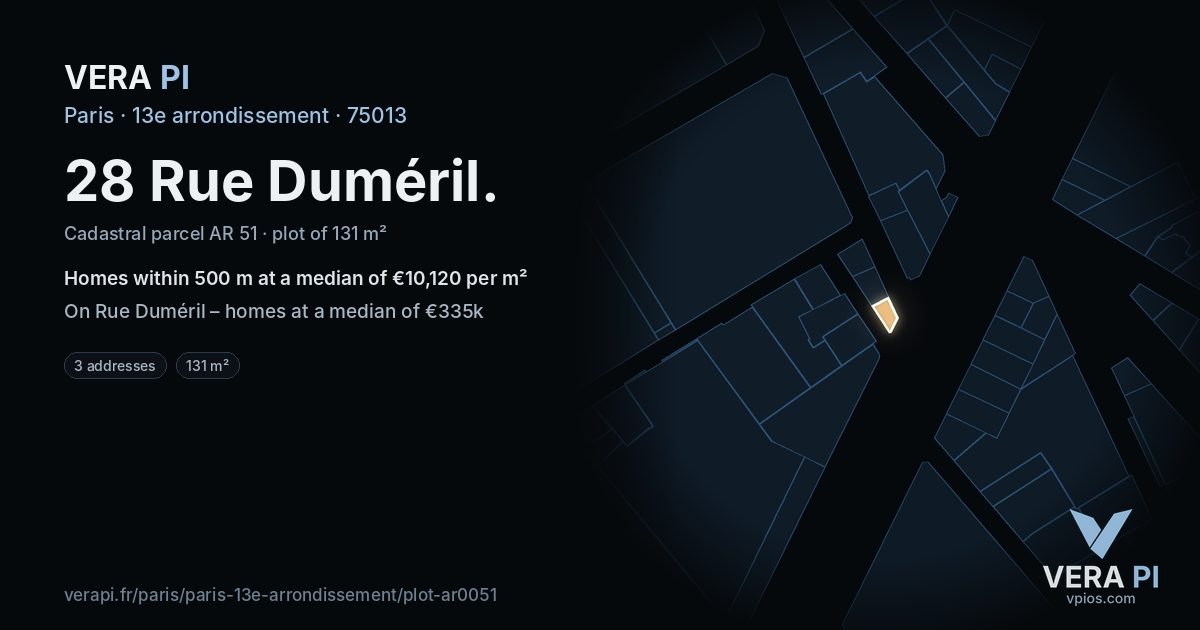 28 Rue Duméril, 13e arrondissement at night – the plot lit, the parcels around coloured by the prices near them