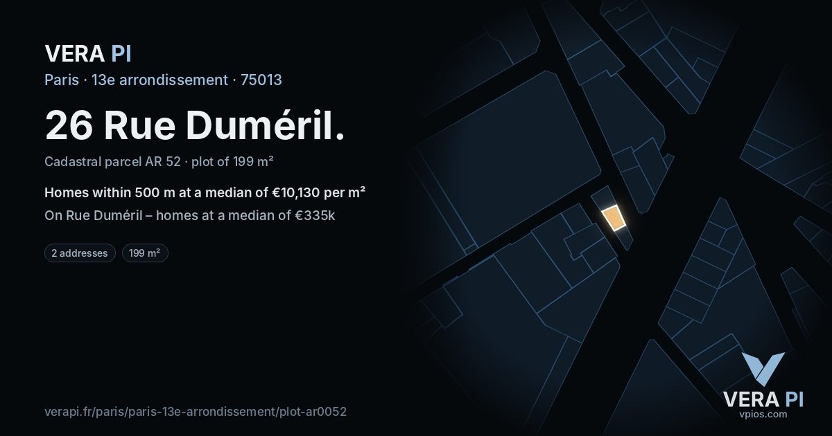 26 Rue Duméril, 13e arrondissement at night – the plot lit, the parcels around coloured by the prices near them