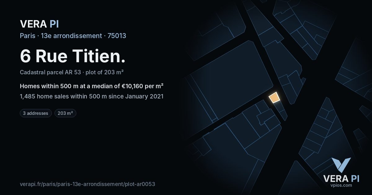6 Rue Titien, 13e arrondissement at night – the plot lit, the parcels around coloured by the prices near them