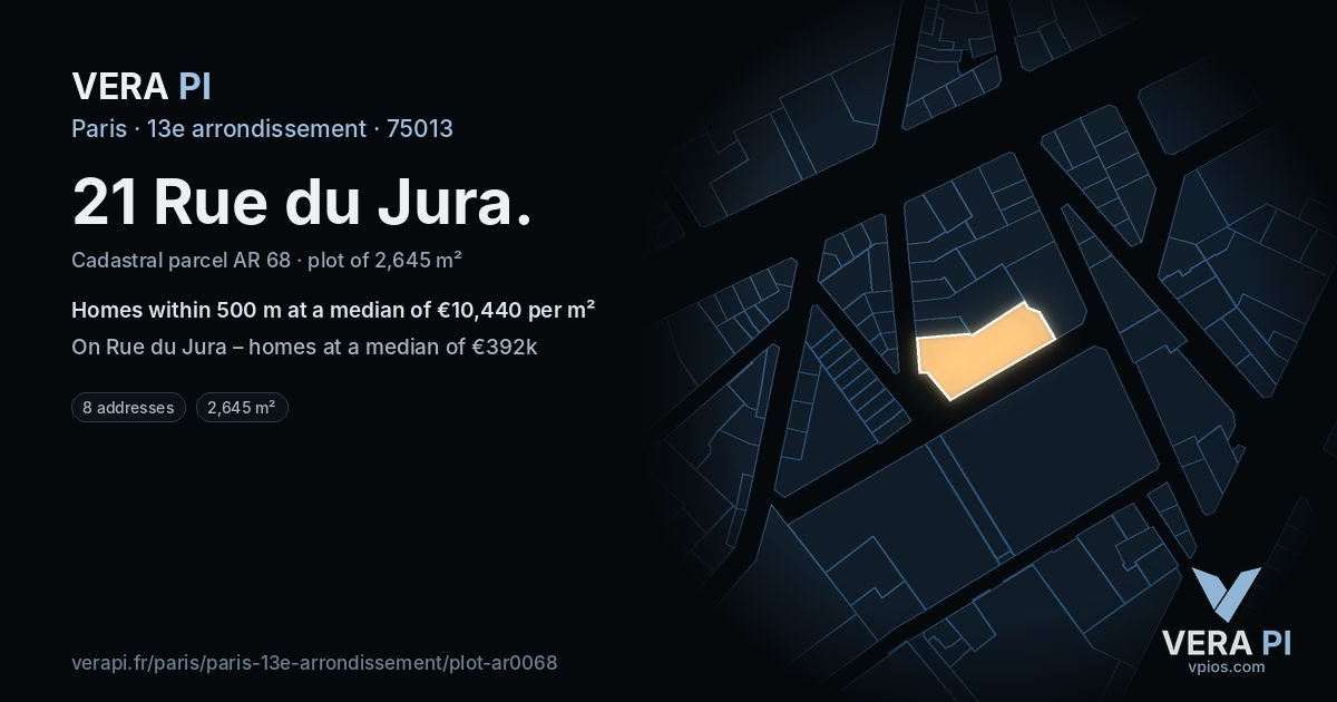 21 Rue du Jura, 13e arrondissement at night – the plot lit, the parcels around coloured by the prices near them