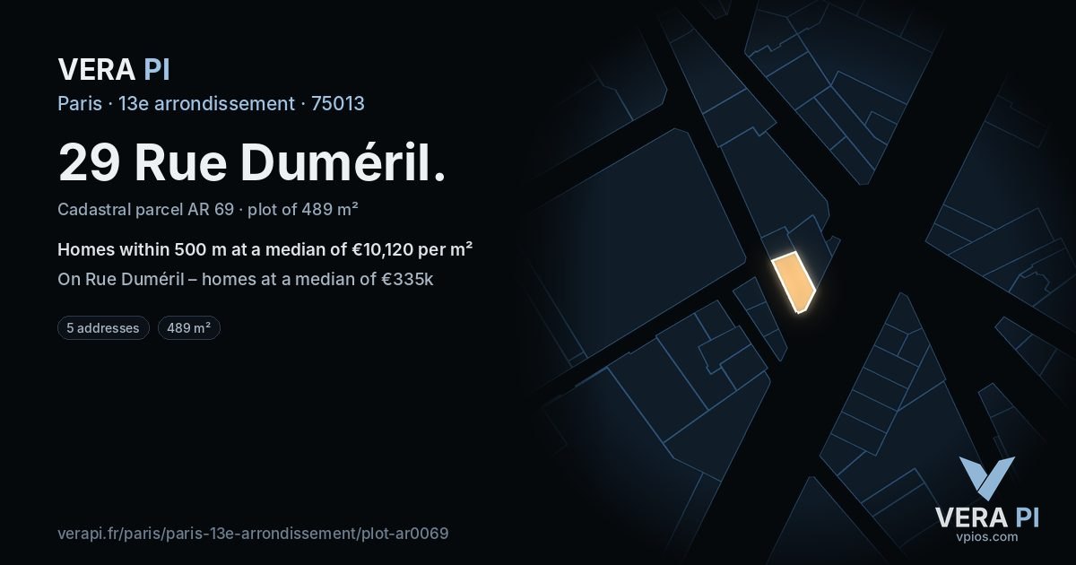 29 Rue Duméril, 13e arrondissement at night – the plot lit, the parcels around coloured by the prices near them