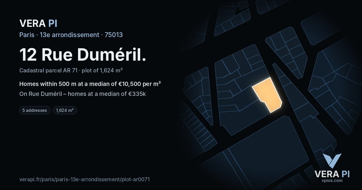 12 Rue Duméril, 13e arrondissement at night – the plot lit, the parcels around coloured by the prices near them