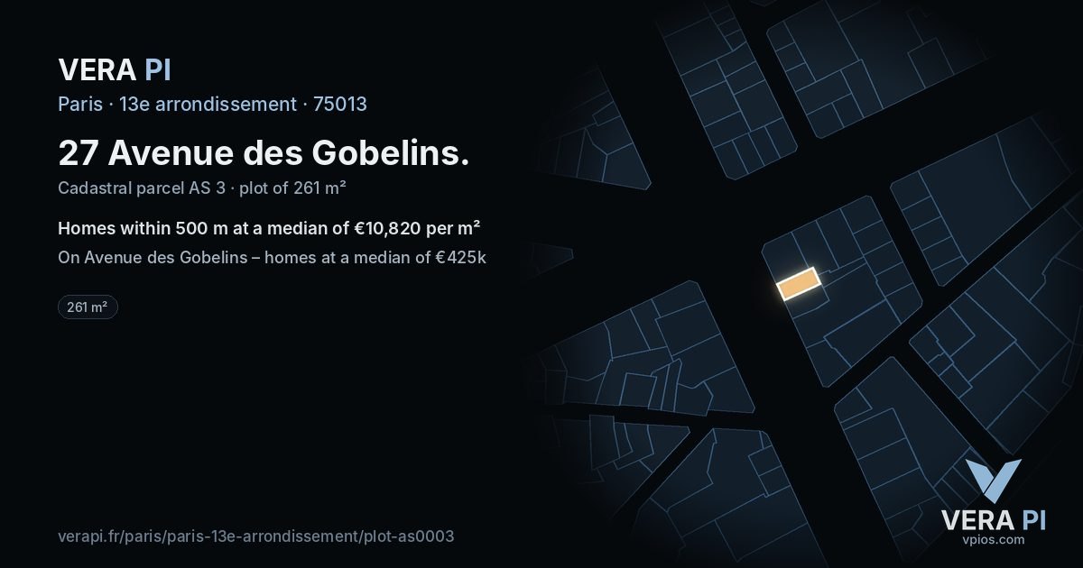 27 Avenue des Gobelins, 13e arrondissement at night – the plot lit, the parcels around coloured by the prices near them