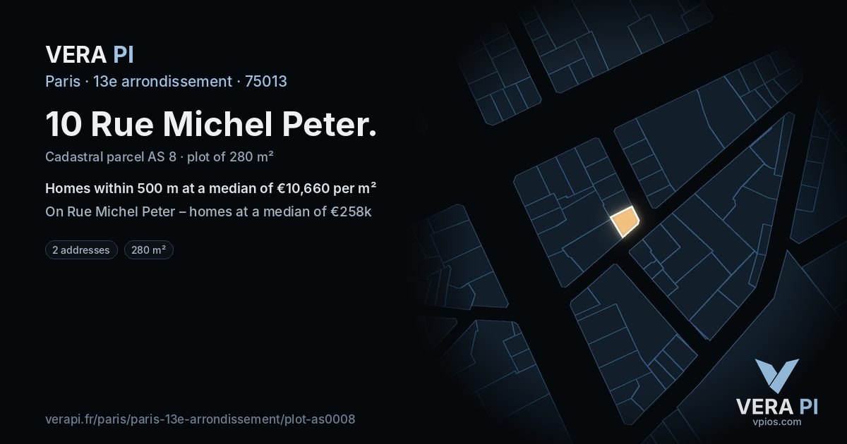10 Rue Michel Peter, 13e arrondissement at night – the plot lit, the parcels around coloured by the prices near them