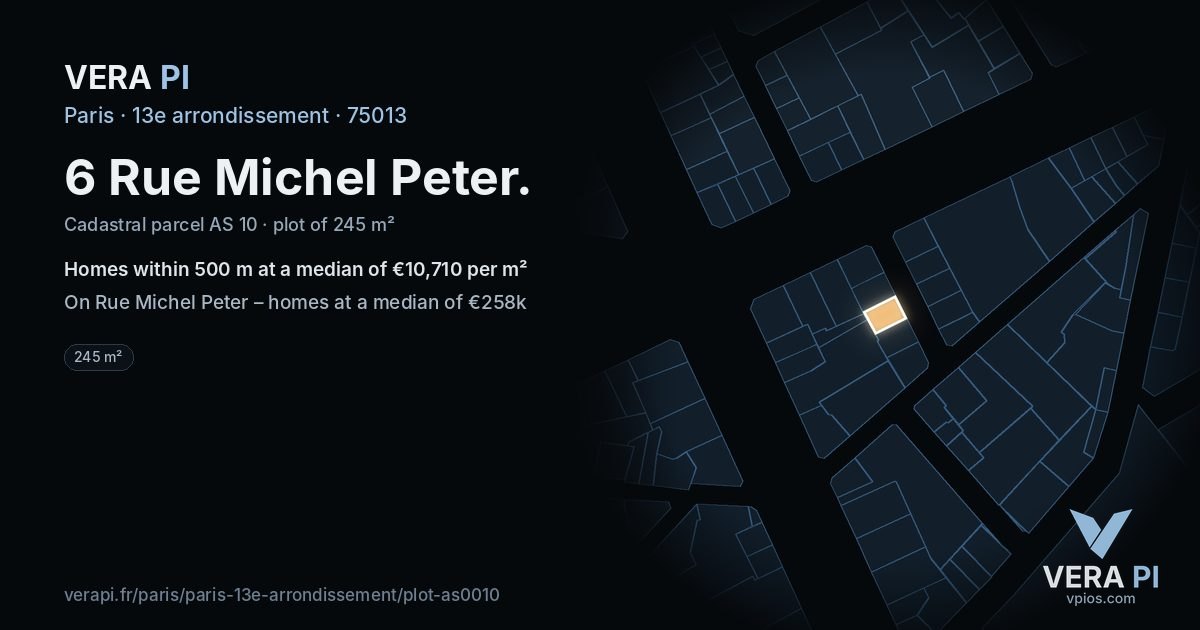 6 Rue Michel Peter, 13e arrondissement at night – the plot lit, the parcels around coloured by the prices near them