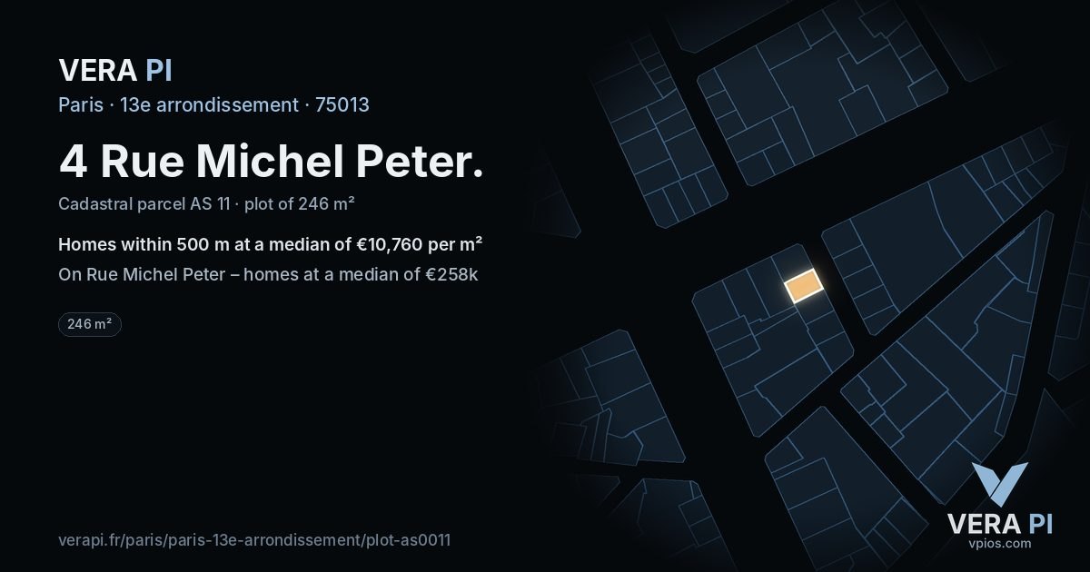 4 Rue Michel Peter, 13e arrondissement at night – the plot lit, the parcels around coloured by the prices near them