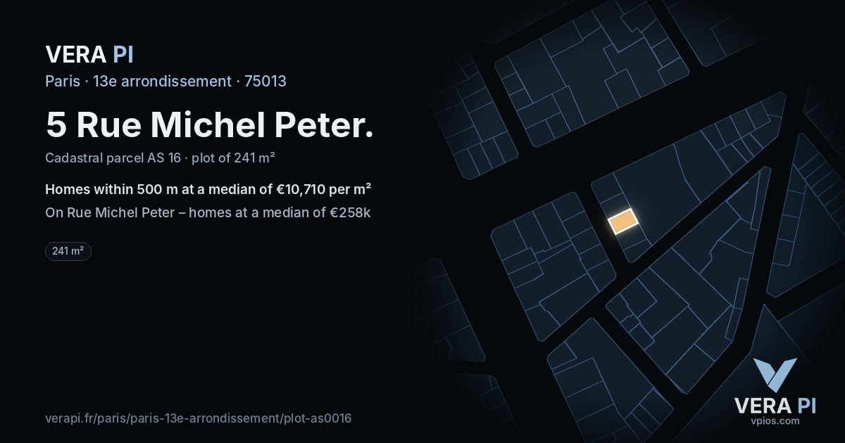 5 Rue Michel Peter, 13e arrondissement at night – the plot lit, the parcels around coloured by the prices near them