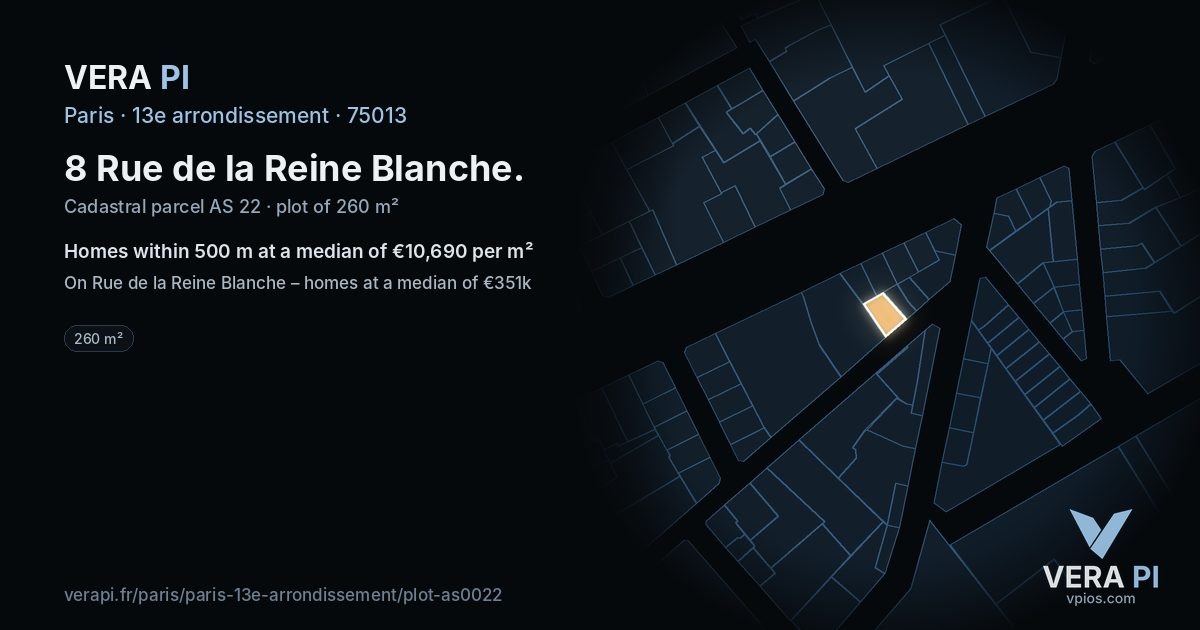 8 Rue de la Reine Blanche, 13e arrondissement at night – the plot lit, the parcels around coloured by the prices near them