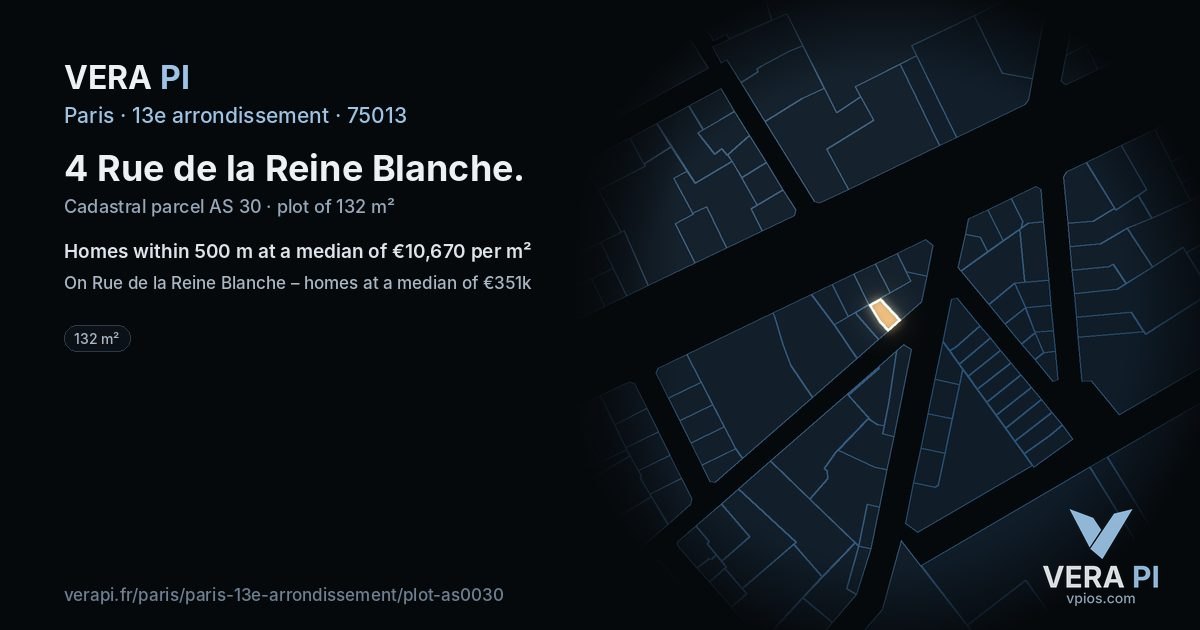 4 Rue de la Reine Blanche, 13e arrondissement at night – the plot lit, the parcels around coloured by the prices near them