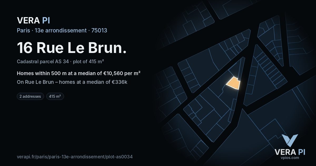 16 Rue Le Brun, 13e arrondissement at night – the plot lit, the parcels around coloured by the prices near them