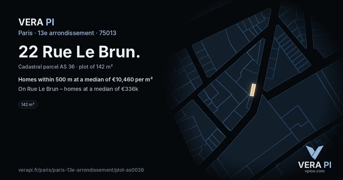 22 Rue Le Brun, 13e arrondissement at night – the plot lit, the parcels around coloured by the prices near them