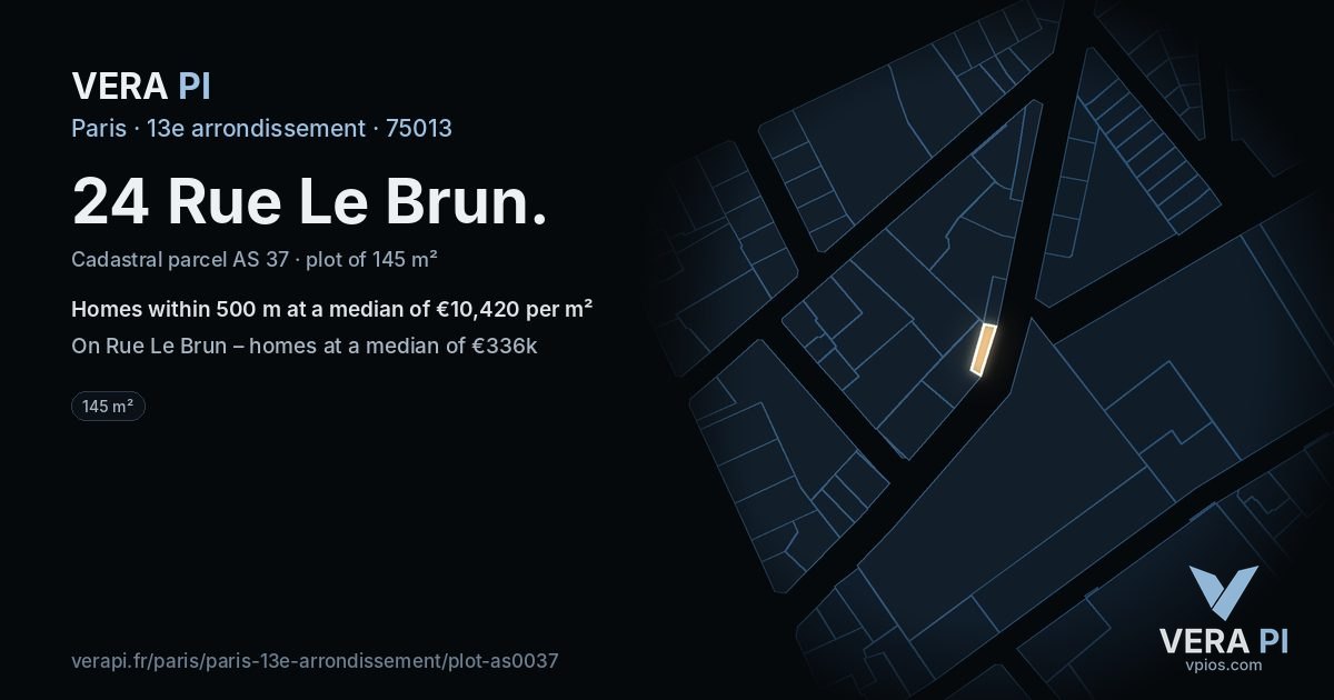 24 Rue Le Brun, 13e arrondissement at night – the plot lit, the parcels around coloured by the prices near them
