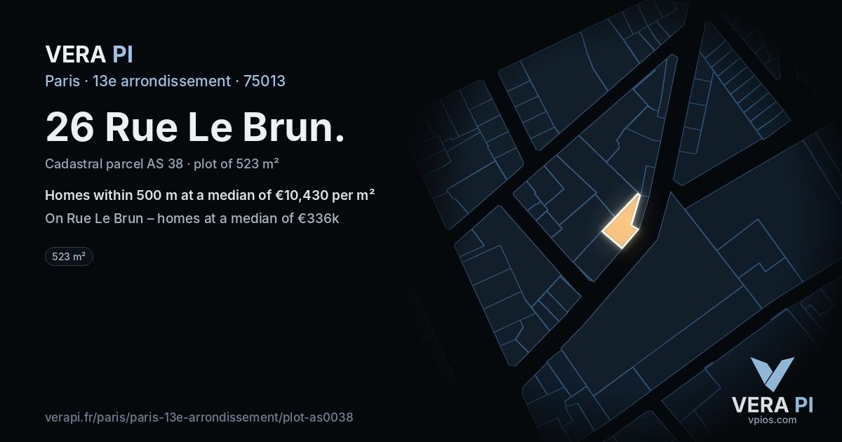 26 Rue Le Brun, 13e arrondissement at night – the plot lit, the parcels around coloured by the prices near them