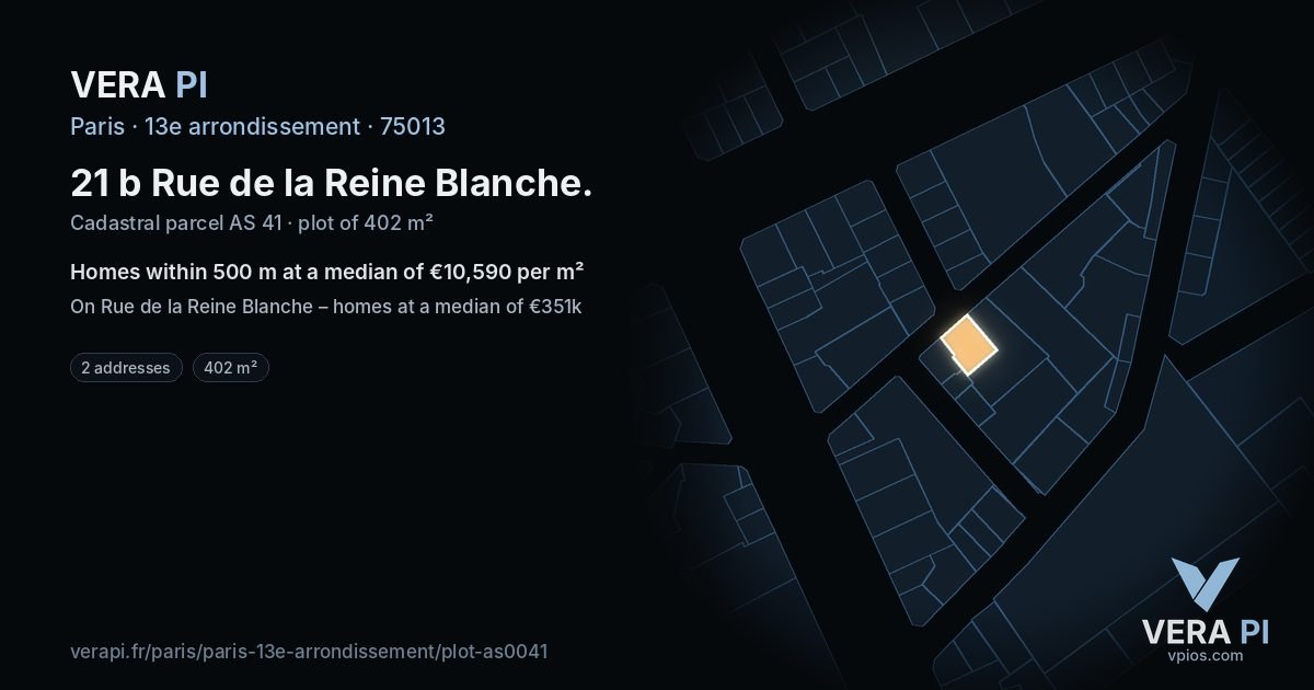 21 b Rue de la Reine Blanche, 13e arrondissement at night – the plot lit, the parcels around coloured by the prices near them