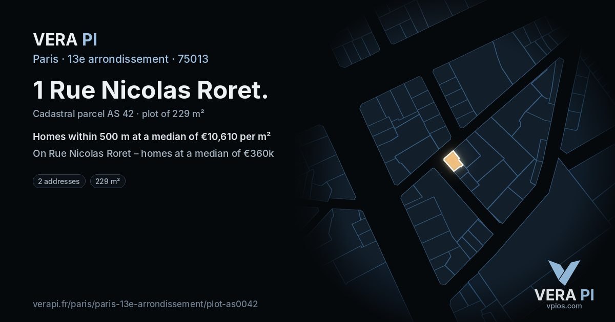 1 Rue Nicolas Roret, 13e arrondissement at night – the plot lit, the parcels around coloured by the prices near them