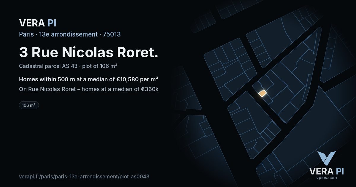 3 Rue Nicolas Roret, 13e arrondissement at night – the plot lit, the parcels around coloured by the prices near them