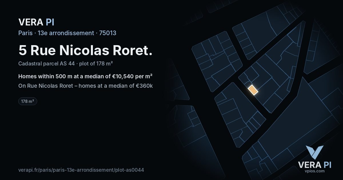 5 Rue Nicolas Roret, 13e arrondissement at night – the plot lit, the parcels around coloured by the prices near them