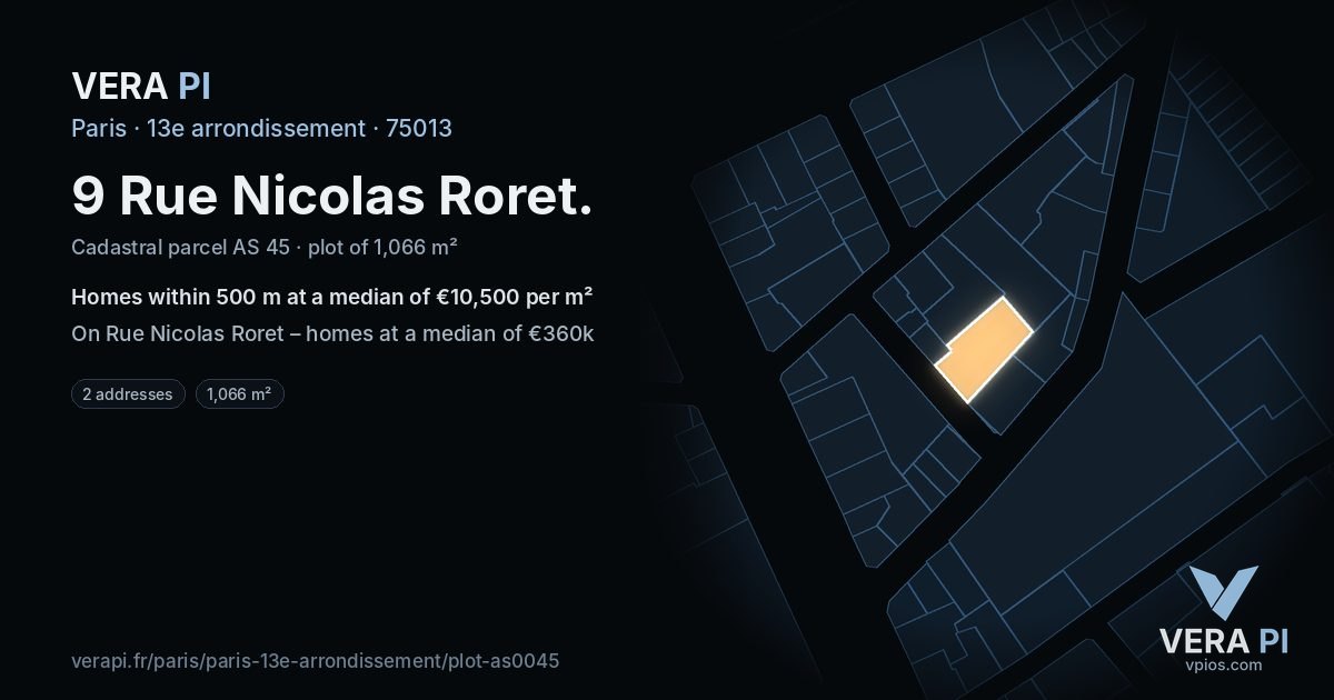 9 Rue Nicolas Roret, 13e arrondissement at night – the plot lit, the parcels around coloured by the prices near them