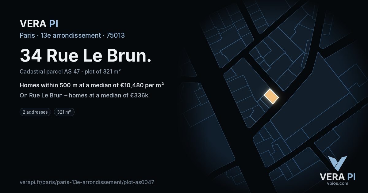 34 Rue Le Brun, 13e arrondissement at night – the plot lit, the parcels around coloured by the prices near them