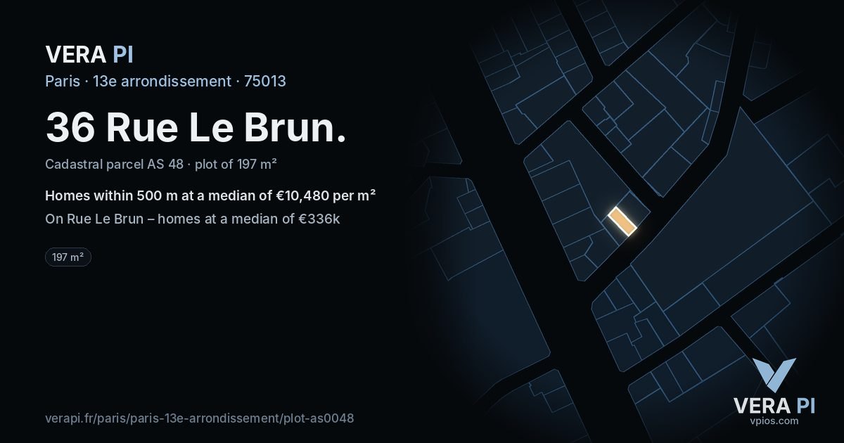 36 Rue Le Brun, 13e arrondissement at night – the plot lit, the parcels around coloured by the prices near them