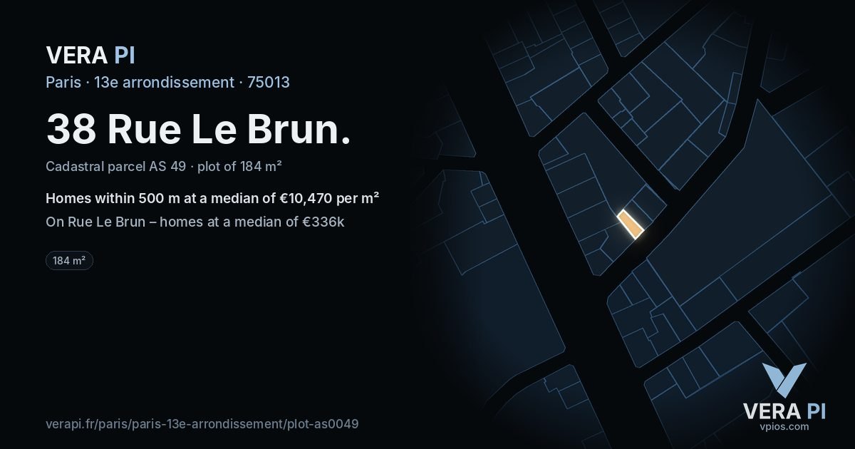 38 Rue Le Brun, 13e arrondissement at night – the plot lit, the parcels around coloured by the prices near them