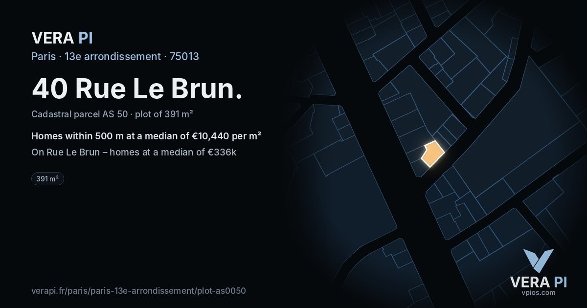 40 Rue Le Brun, 13e arrondissement at night – the plot lit, the parcels around coloured by the prices near them