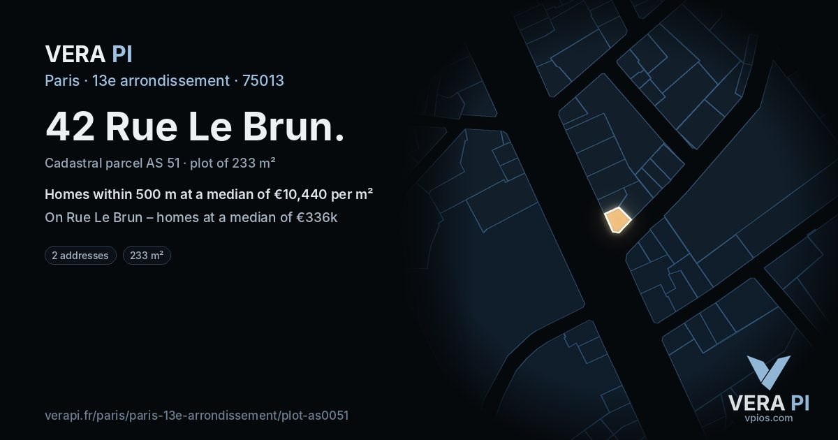 42 Rue Le Brun, 13e arrondissement at night – the plot lit, the parcels around coloured by the prices near them