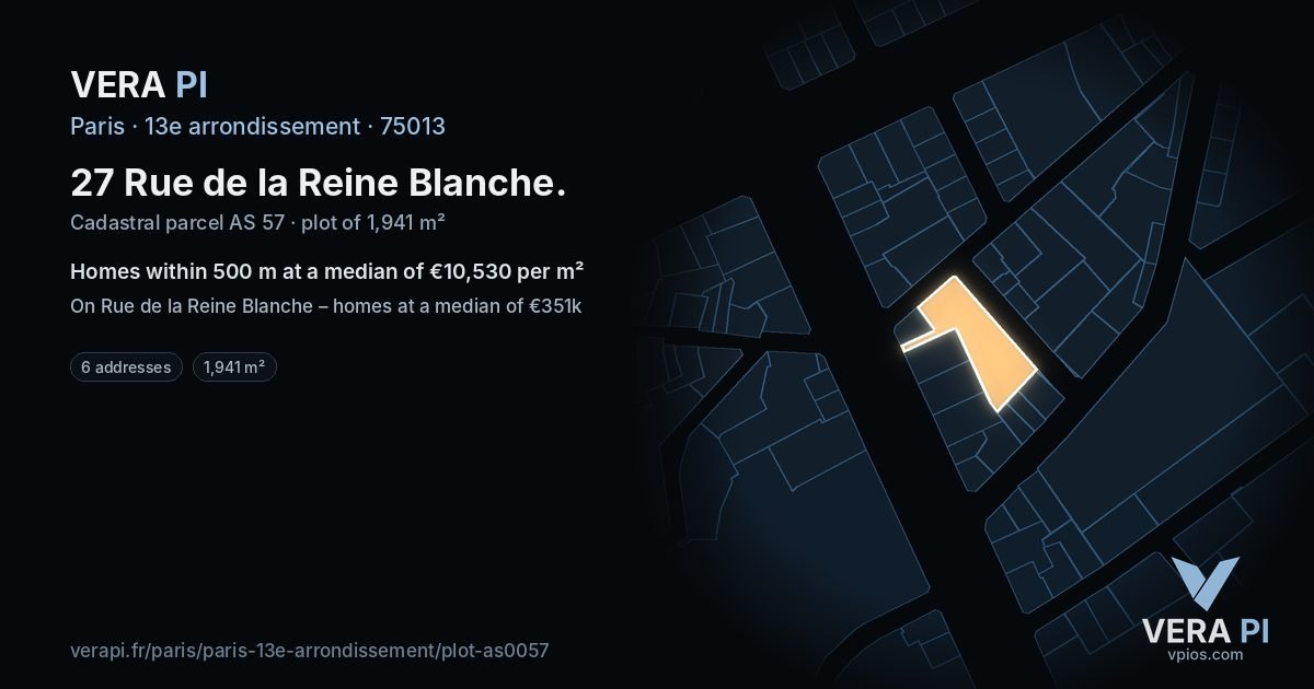 27 Rue de la Reine Blanche, 13e arrondissement at night – the plot lit, the parcels around coloured by the prices near them
