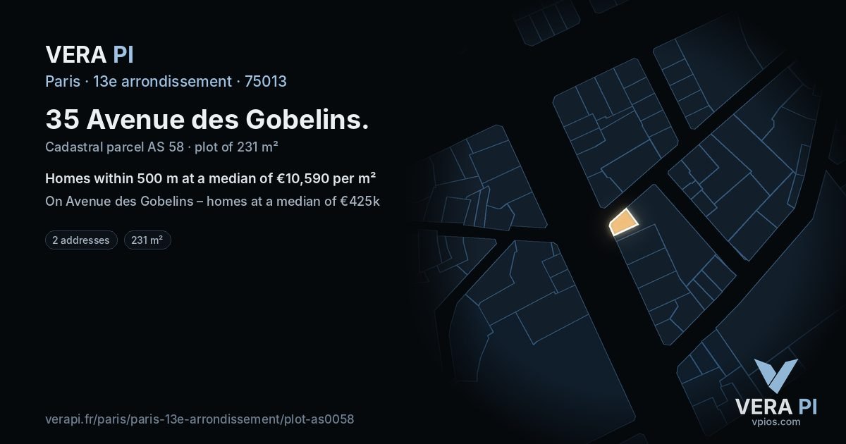 35 Avenue des Gobelins, 13e arrondissement at night – the plot lit, the parcels around coloured by the prices near them