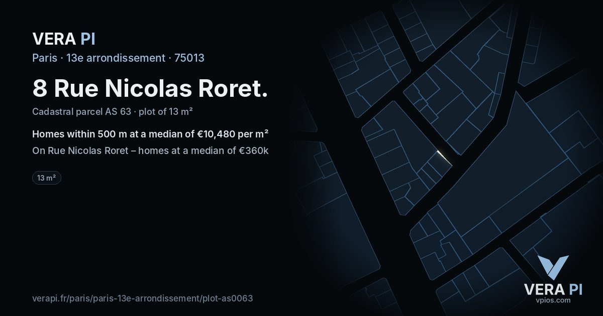 8 Rue Nicolas Roret, 13e arrondissement at night – the plot lit, the parcels around coloured by the prices near them