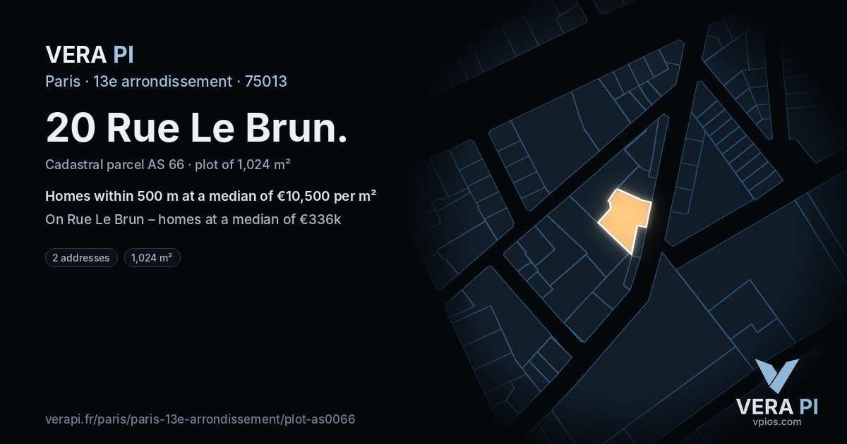 20 Rue Le Brun, 13e arrondissement at night – the plot lit, the parcels around coloured by the prices near them